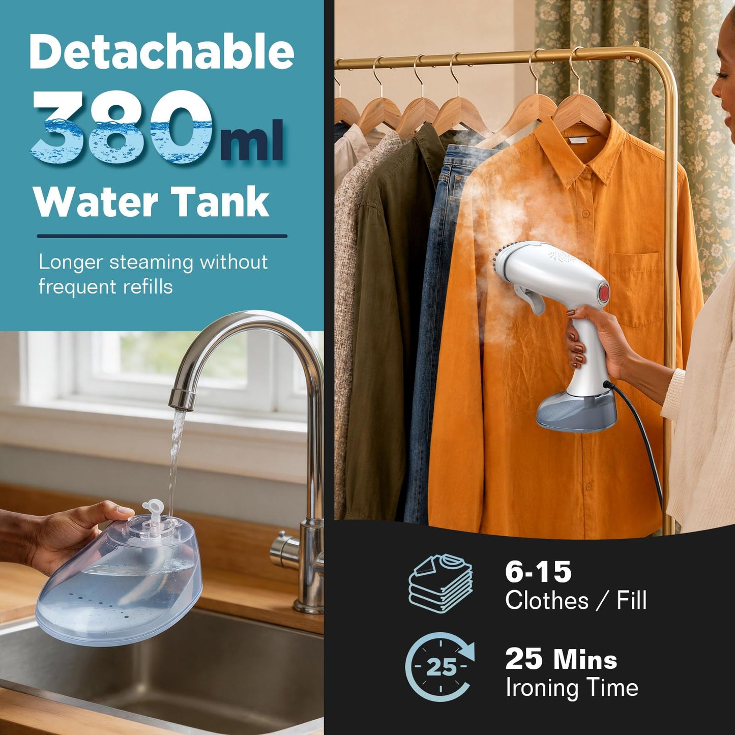Steamer for Clothes, 1800W Clothes Steamer Handheld Garment Steamer with 3 Steam Settings, 380ml