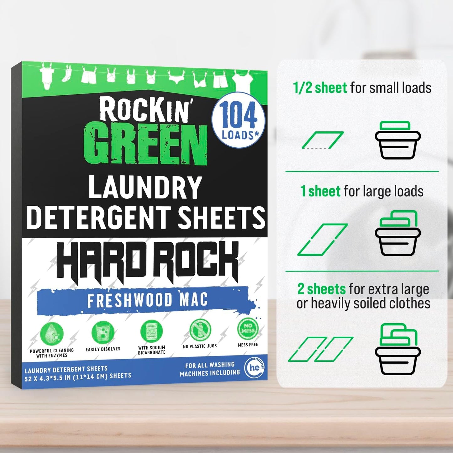Rockin' Green Hard Rock Travel Laundry Detergent Sheets for Hard Water - Mess-Free Laundry Sheet Detergent with Sodium Bicarbonate - Easily Dissolvable Laundry Soap Sheets (104 Loads, Freshwood Mac)