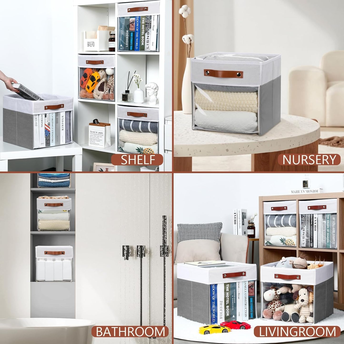 HNZIGE 11x11 Cube Storage Bins for Cube Organizer, Clear Fabric Storage Cubes for Storage Shelves, Collapsible Decorative Storage Bins for Clothes Closet Toys Cubby Storage Bin(White Gray 6 PCS