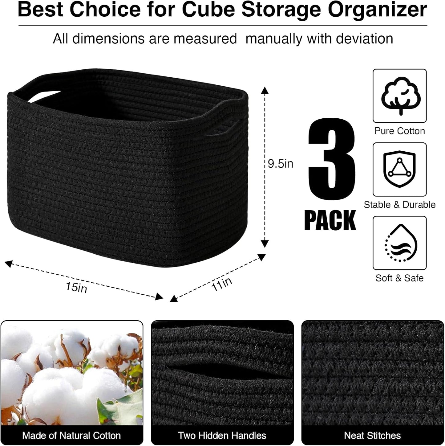 Black Storage Baskets for Organizing Shelves, Toy Basket for Nursery, Woven Cotton Rope Basket for Decor, Towel Baskets for Bathroom, 15"x11"x9.5", 3 Packs, Black