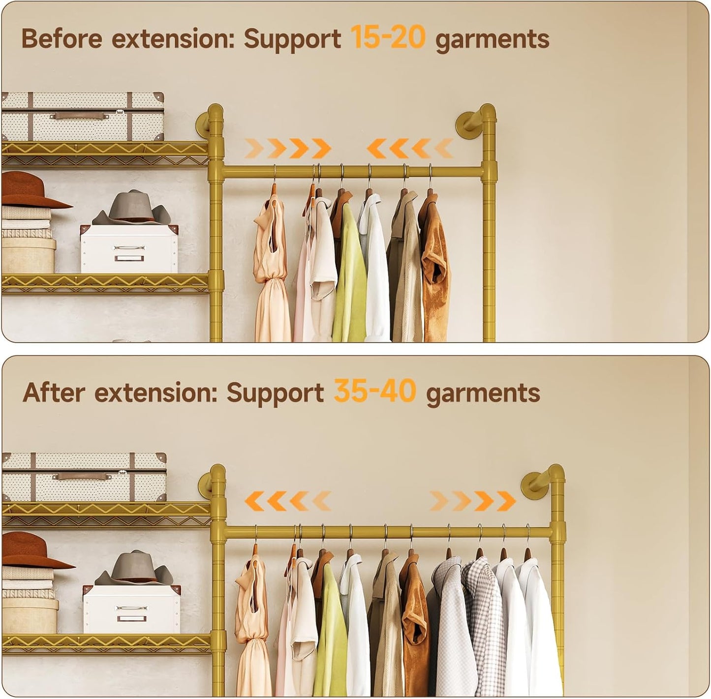 ONBRILL H3 Wall Mounted Closet System, Expandable Industrial Pipe Clothes Rack Clothing Rack for Hanging Clothes, Heavy Duty Closet Organizers and Storage in Wardrobe Closet, Gold