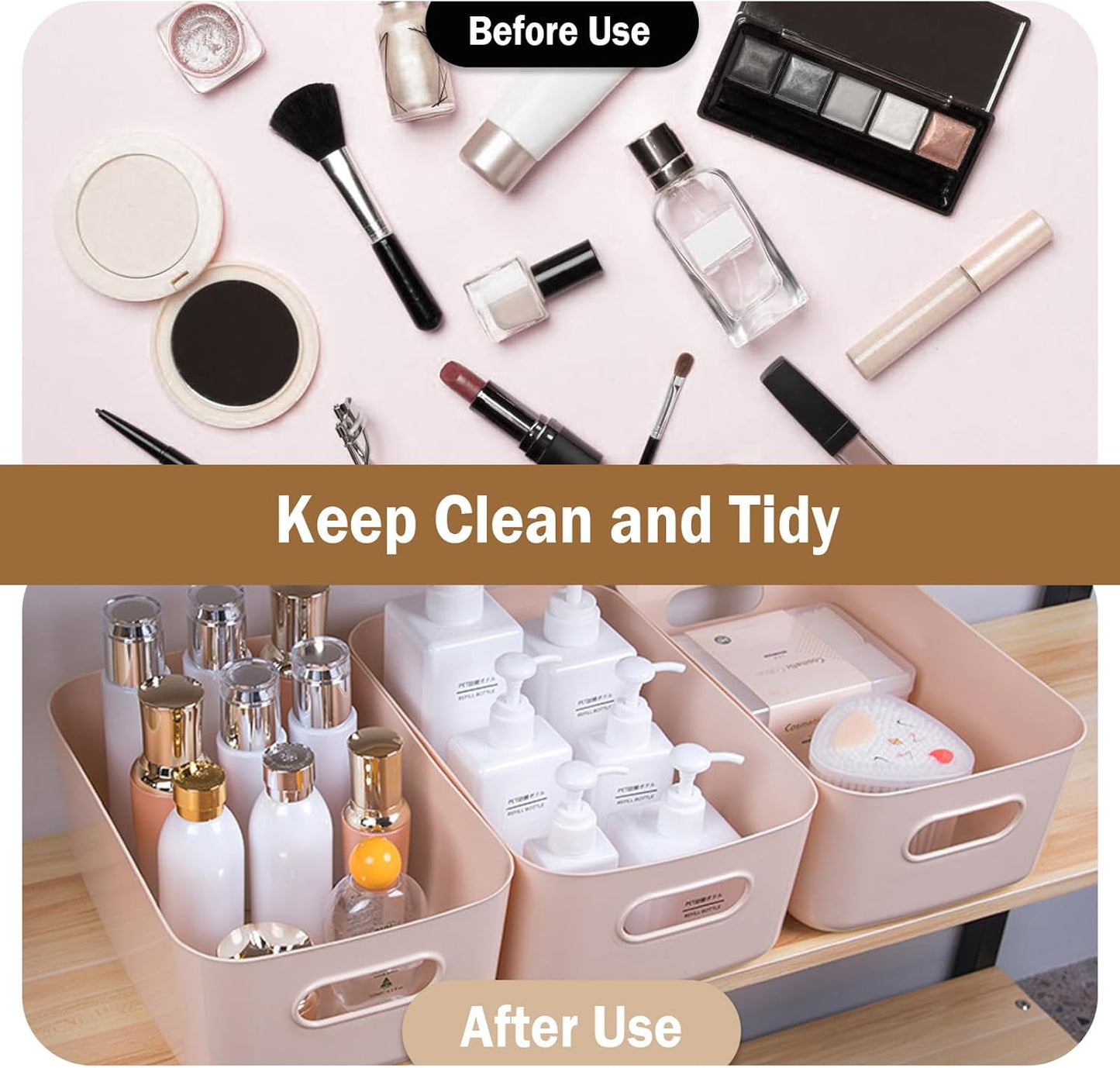 COVRA 2-Pack Plastic Storage Bins, Small Storage Baskets, Organizers for Home & Office, 9.6 x 6.3 x 4.7 Inches (Brown)