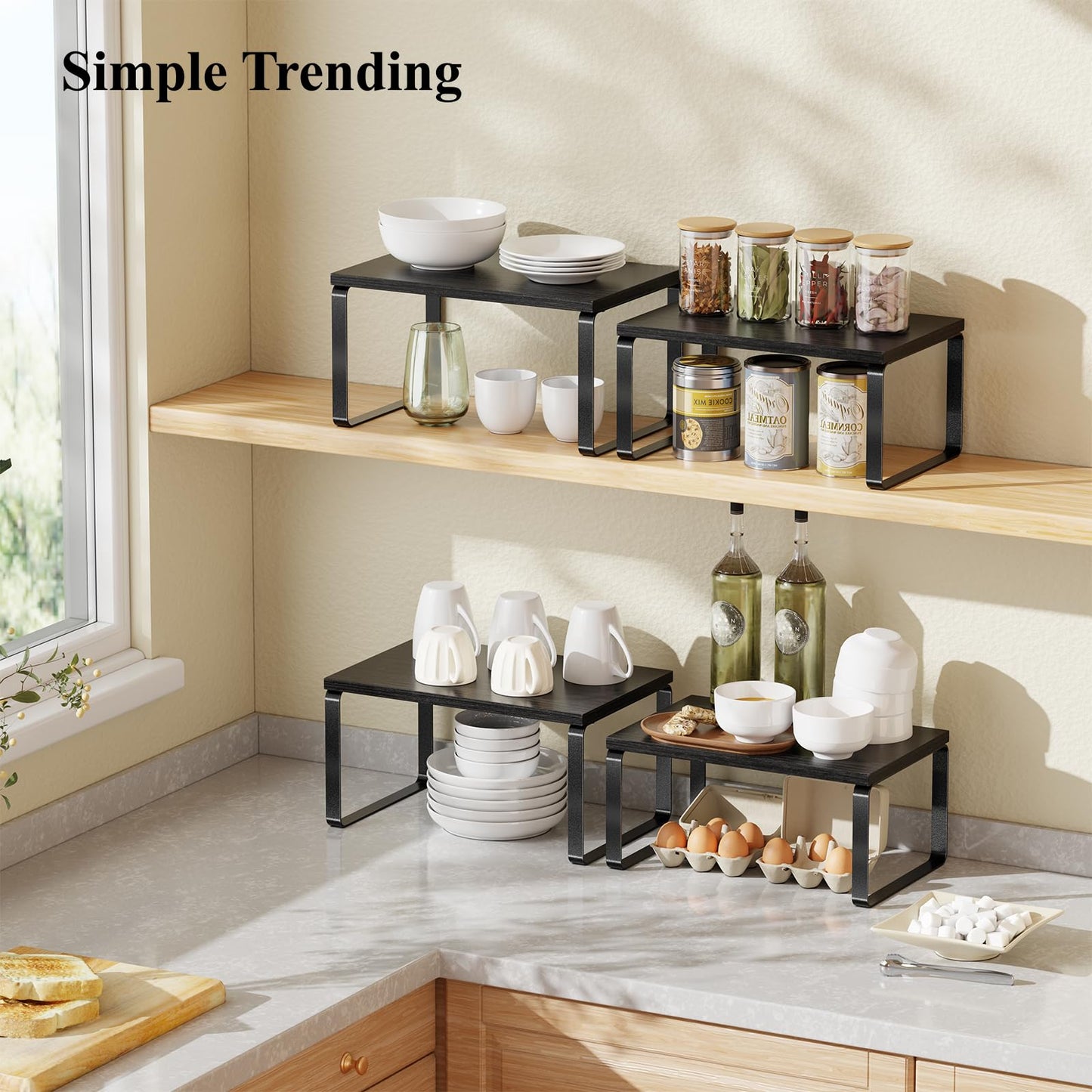 Simple Trending Cabinet Organizer Shelf, Set of 2 Stackable Kitchen Counter Shelves, Expandable