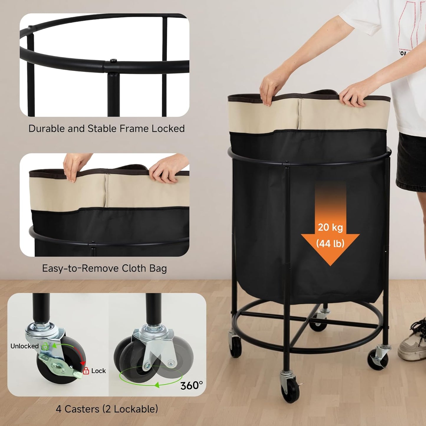 StorageWorks Rolling Laundry Basket, Laundry Hamper with Wheels, Laundry Room Organization and Storage, Dirty Clothes Cart for Bathroom, Bedroom, Black