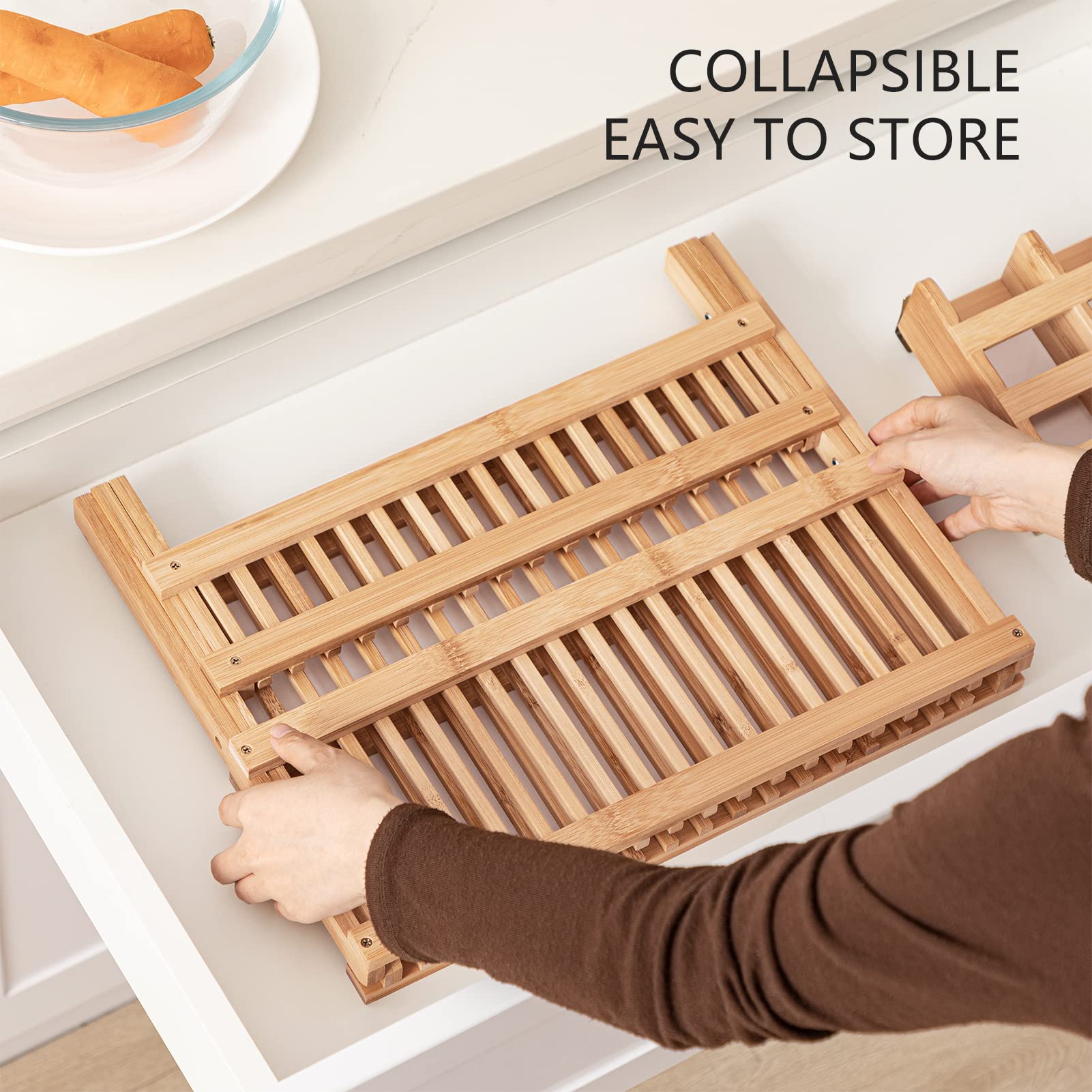 HBlife Dish Rack, Bamboo Folding 2-Tier Collapsible Drainer Dish Drying Rack with Utensils Flatware