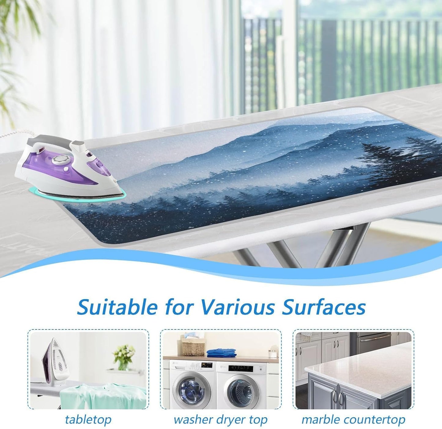 Ironing Mat Portable Ironing Pad Ironing Blanket for Table Top Heat Resistance Double-Side Using Travel Large 47.2 x 27.6 Inch Foldable Lightweight Watercolor Winter Mountain Blue