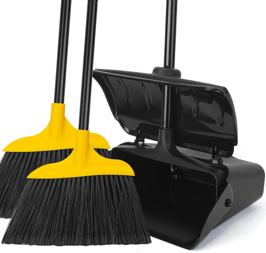 Indoor/Outdoor Heavy Duty Broom and Dustpan Set,Upright Plastic Commercial Dust Pan with 2 Brooms