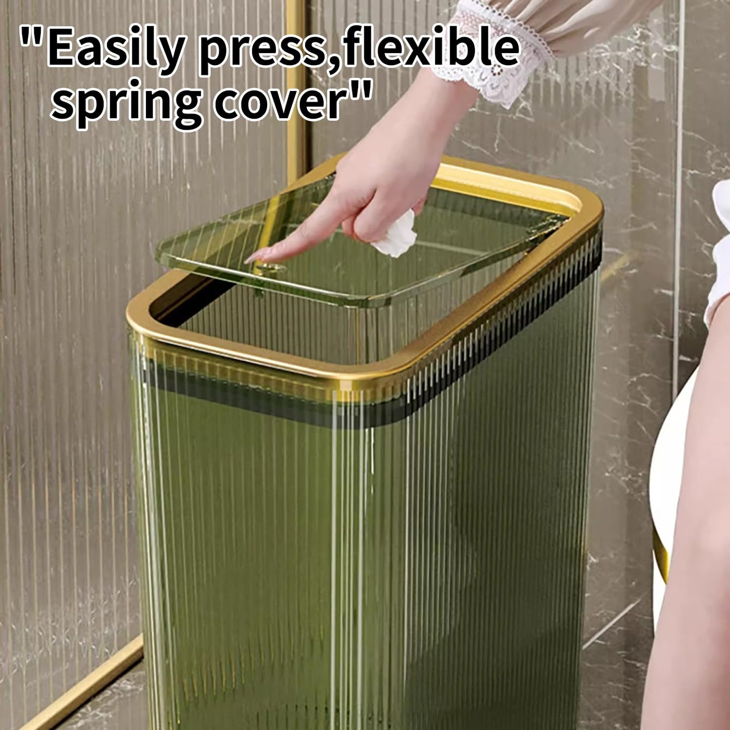 Transparent Trash Can, Bathroom Trash Cans with Lids, 2.6 Gallon Garbage Can for Bedroom, Office, Plastic Slim Waste Basket with Press Top Lid, 10L Clear Trash Bin for Home, Kitchen (Green)