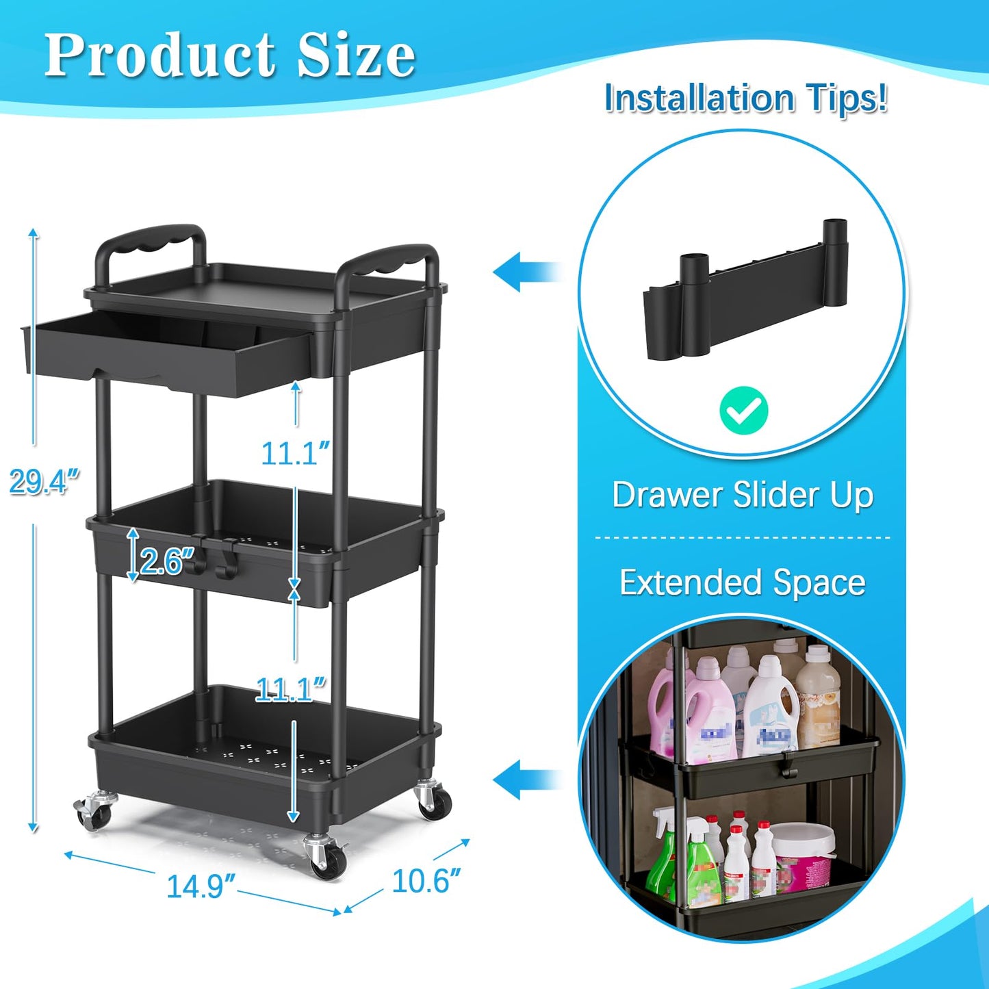 SUNALLY 3 Tier Rolling Cart with Drawer, Craft Storage Cart Organizer,Black
