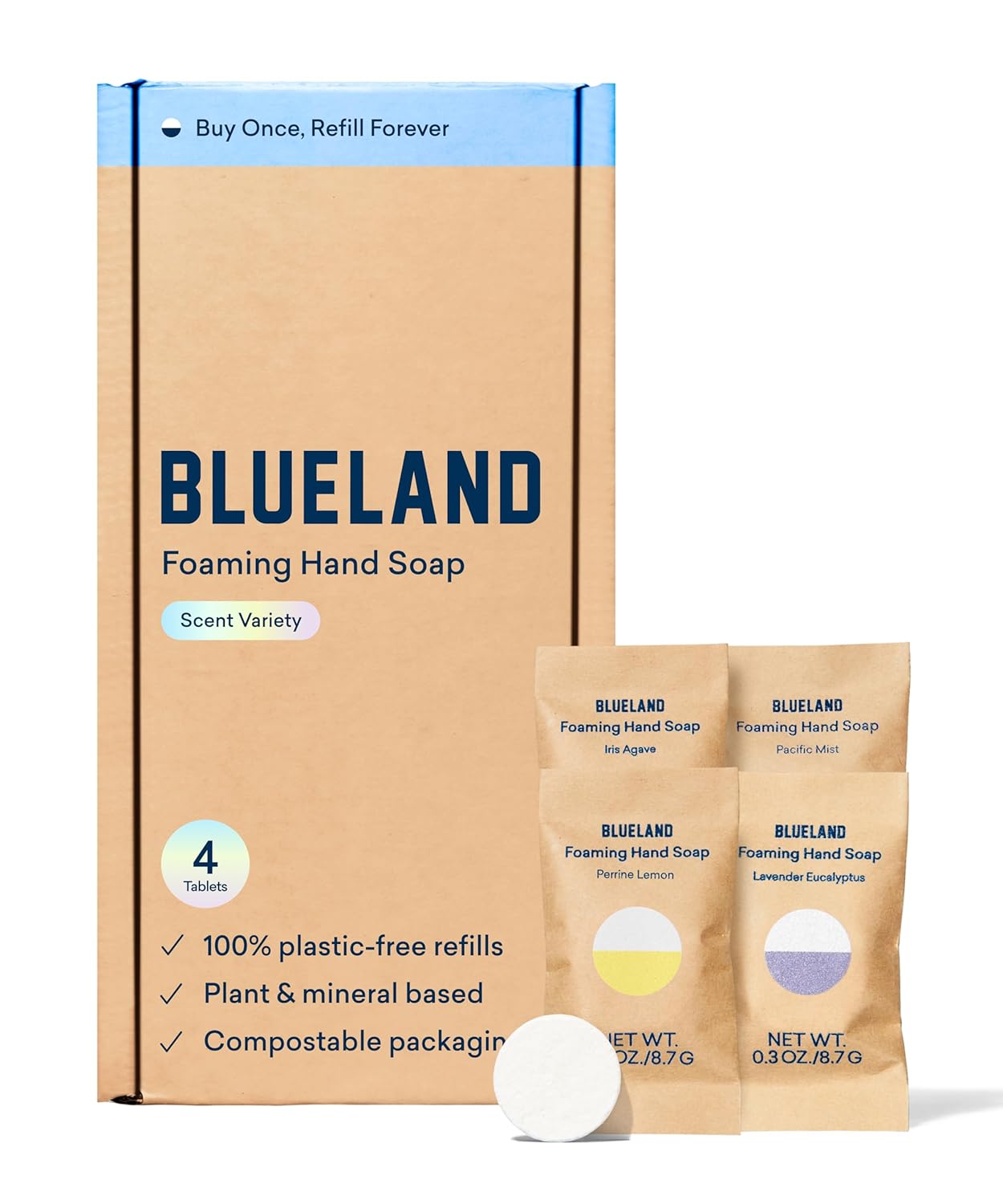 BLUELAND Foaming Hand Soap Refill Tablets, 4-Pack, Variety Pack Scents, Eco Friendly Cleaning Products, 4 x 9 Fl oz