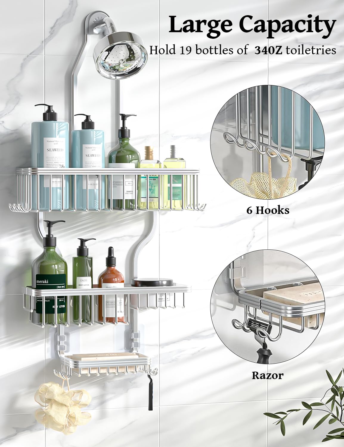 YASONIC Never Rust Shower Caddy Hanging, Aluminum Shower Racks for Inside Shower, 3-Tier Shower