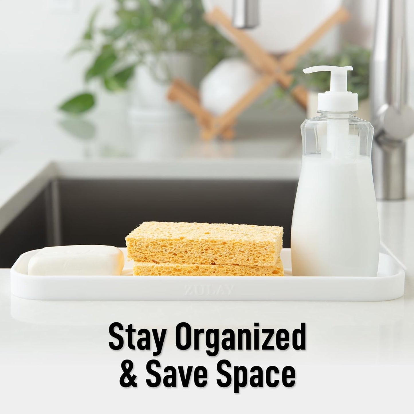 Zulay Large Silicone Sponge Holder (12x4) – Flexible Sink Organizer Tray for Kitchen & Bathroom – Multipurpose Soap Dish for Sponges, Makeup, Trinkets & More (White)