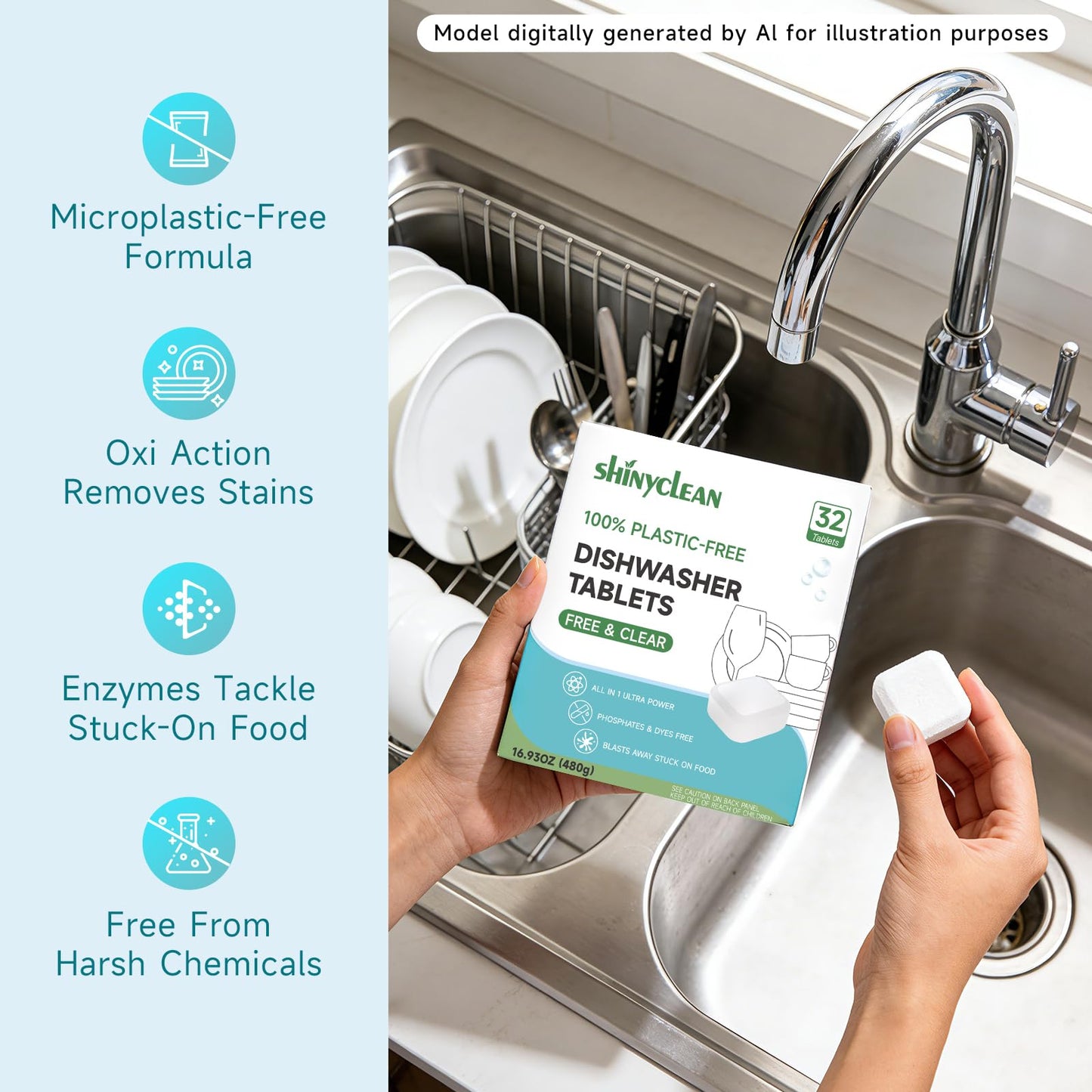 Shinyclean 100% Plastic-Free Dishwasher Tablets, Free & Clear, 32 Count