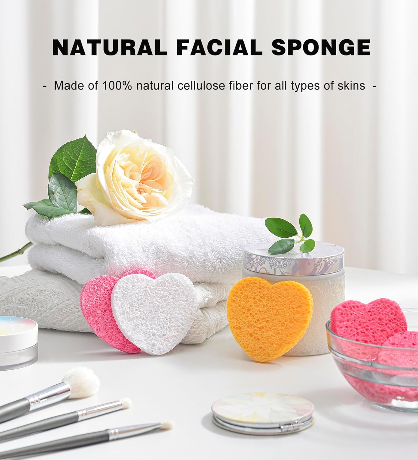50-Count Compressed Facial Sponges for Estheticians- 100% Natural Cellulose Face Sponge Spa Sponges for Face Cleansing, Massage, Pore Exfoliating, Mask, Makeup Removal (Love-Yellow)