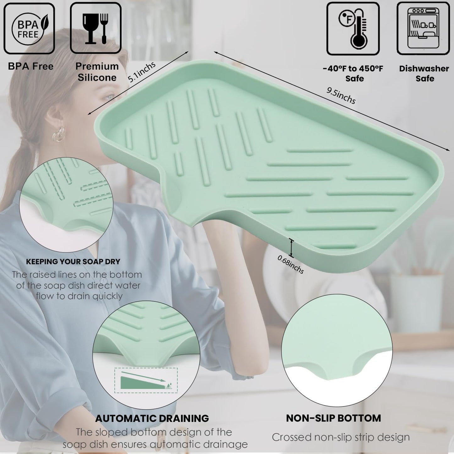 YASMEN Silicone Bathroom Soap Dishes, Sink Sponge Holder for Kitchen, Rubber Soap Dish with Drain, Shower Soap Sponge Tray, Sink or Counter Organizer, for Bar Soap, Bottle, Dish Soap Dispenser- Green