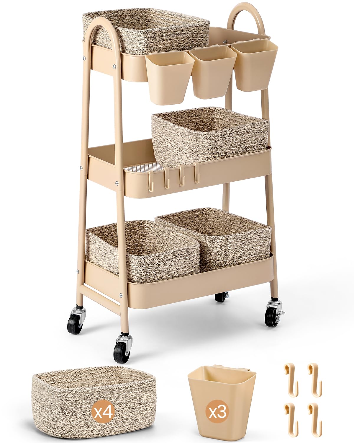 3-Tier Rolling Utility Cart with 4 Woven Baskets, Diaper Book Snack Cart, Storage Organizer for