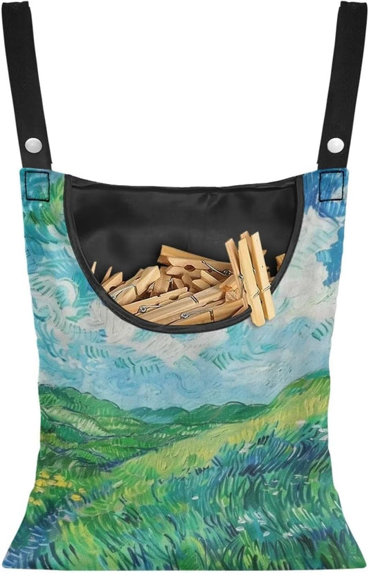Van Gogh Wheatfield Laundry Clothespin Bags Hanging Storage Organizer 12 x 14.5 Inch Clothes Pin Bag Waterproof Clothespin Bag Clothespin Holder Large Opening and Hanging Rope