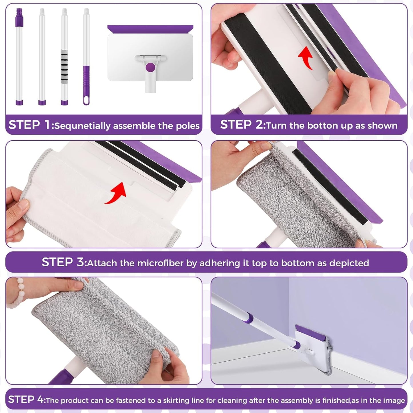 4 Mop Pads Refill for wlich Baseboard Cleaner(2 Chenille Pads+2 Microfiber Pads),Baseboard Cleaner Pad Refills for Ceiling, Wall, Floor and Baseboard Cleaning