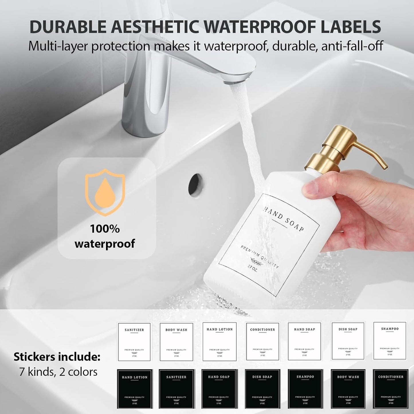 Gold Soap Dispenser Set, Glass Hand and Dish Soap Dispenser Set with Tray,Stainless Pump,14 Stickers for Kitchen Sink,Bathroom Soap and Lotion Dispenser,Modern Counter Decor (White Bottle/Gold Pump)