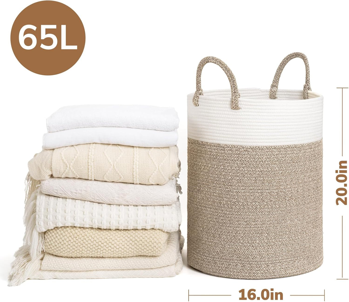 INDRESSME Tall Wicker Laundry Basket, Large Woven Clothes Hamper for Bedroom, Bathroom, Living room, Tall Nursery Hamper for Blankets, Toys, 16 x 20 inches White & Brown