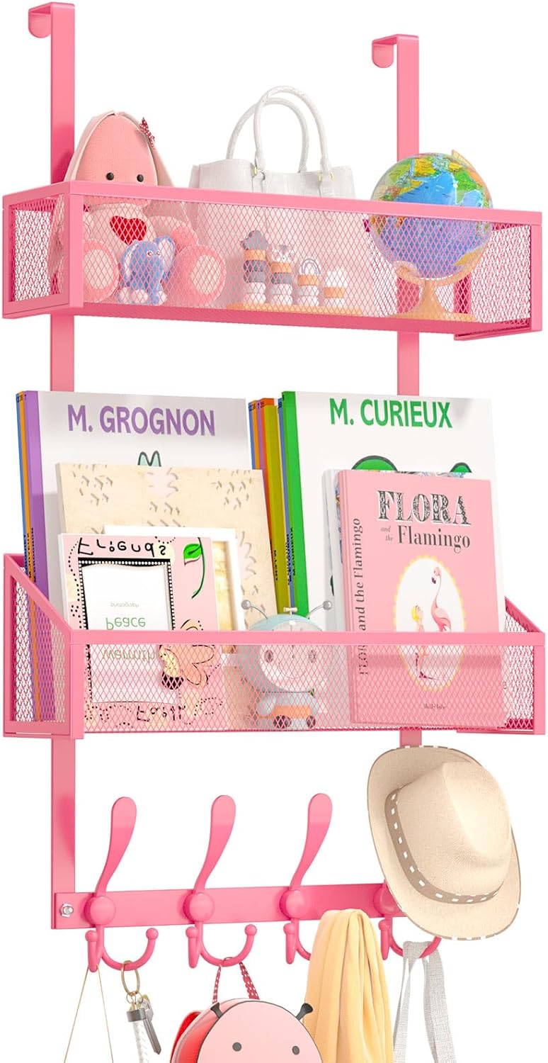 Over The Door Hooks Organizer, Coat Rack Over The Door Storage Hanger Towel Rack, Back of Storage Organizer for Bathroom,Bedroom,Kitchen,Office (Pink 3-Tier)