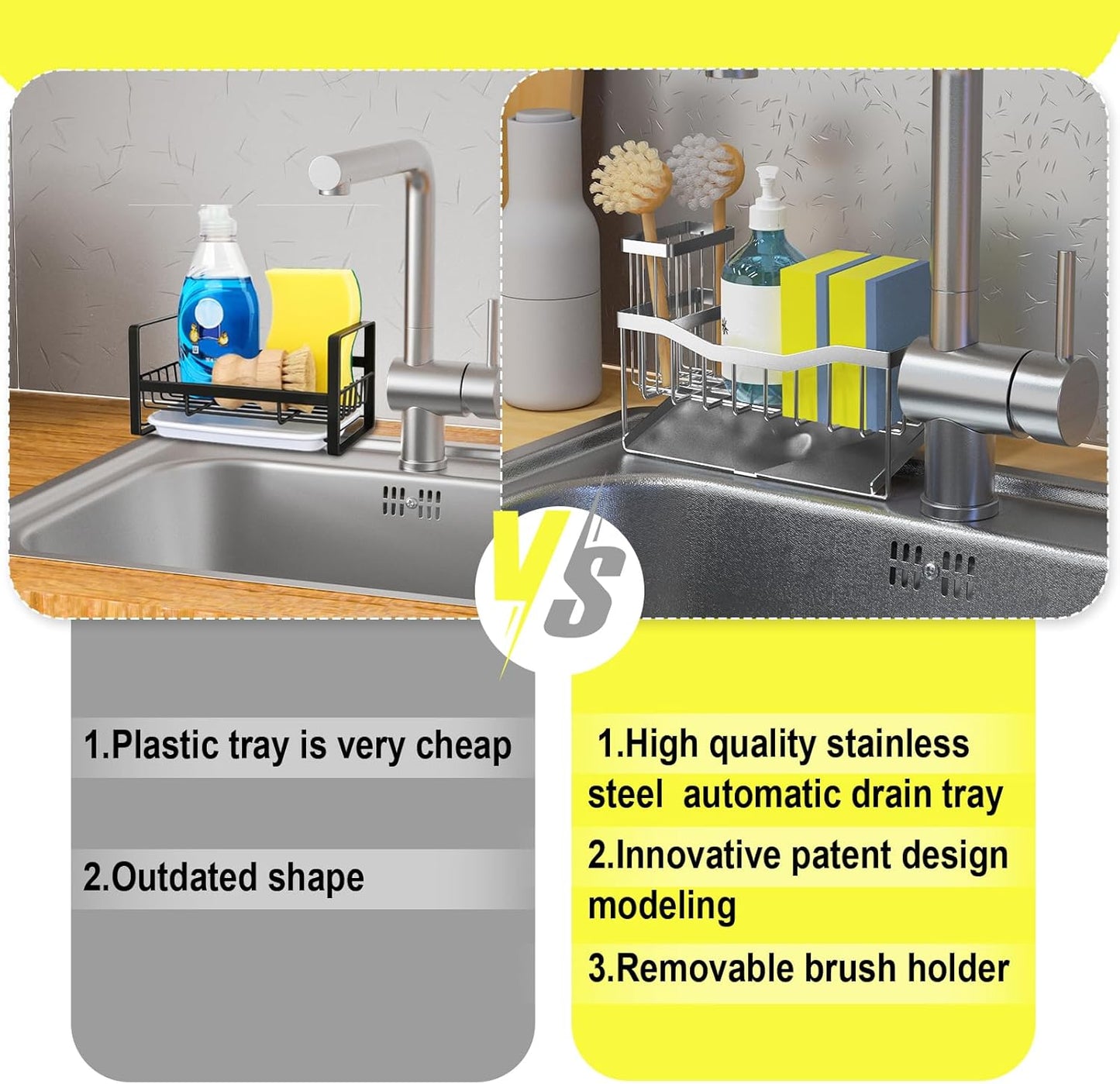 Maifan Sink Caddy Sponge Holder for Kitchen with Brush Holder and Stainless Steel Self Drain Tray, Rustproof Kitchen Sink Organizer for Sponge, Soap Dispenser Storage Accessories (Lacquer Silver)