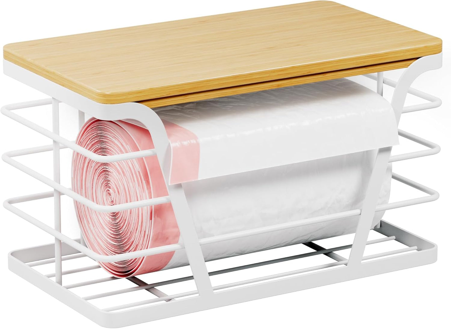 Small Grocery Bag Holder, Trash Bag Dispenser with Removable Bamboo Top, No Drill,White