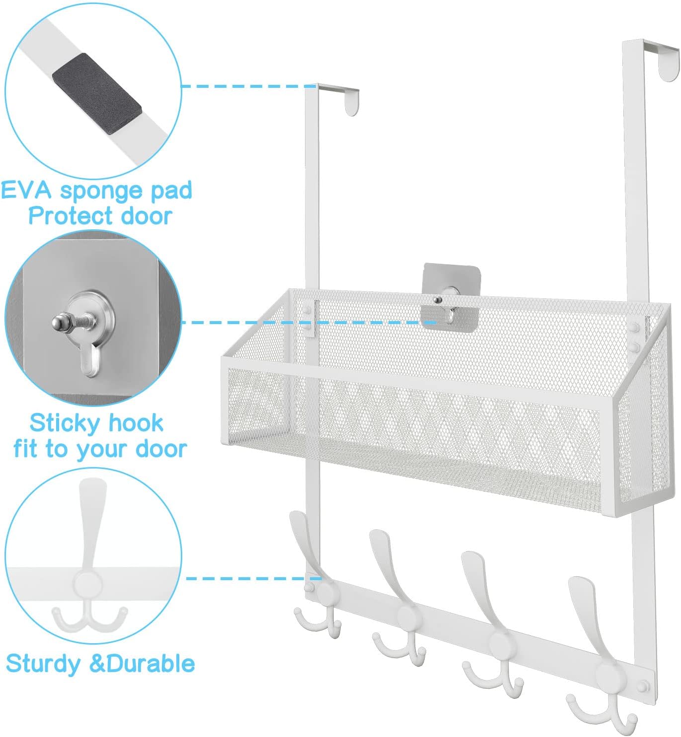 Over The Door Hooks Organizer, Coat Rack Over The Door Storage Hanger Towel Rack, Back of Door Storage Organizer for Bathroom,Bedroom,Kitchen,Office (White 2-Tier)