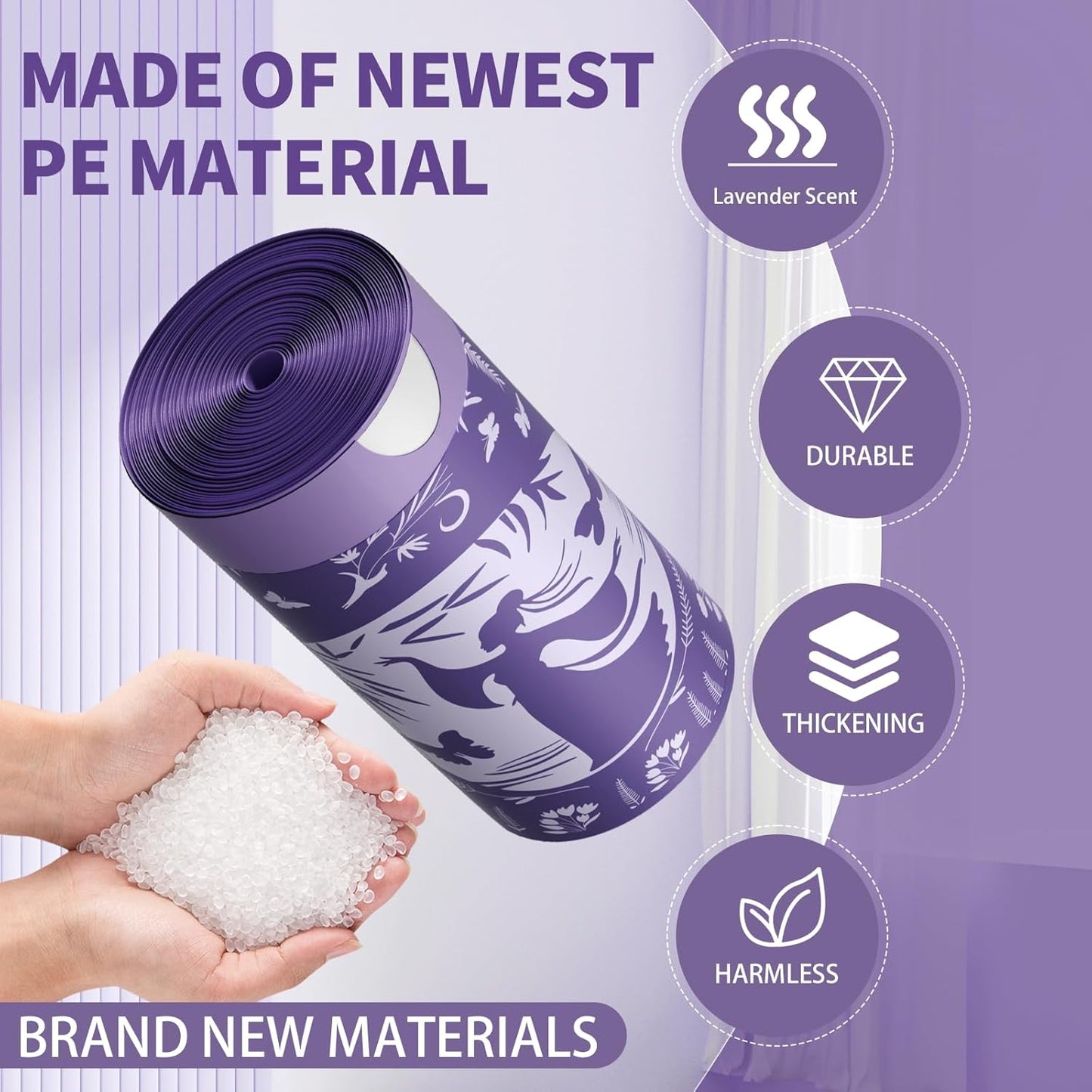 VOK 8 Gallon Trash Bags Drawstring, Medium Trash Bags for Office, Kitchen, Bedroom Trash Cans, Colored Portable Sturdy Garbage Bags 8 Gallon with Lavender Scent, 60 Counts