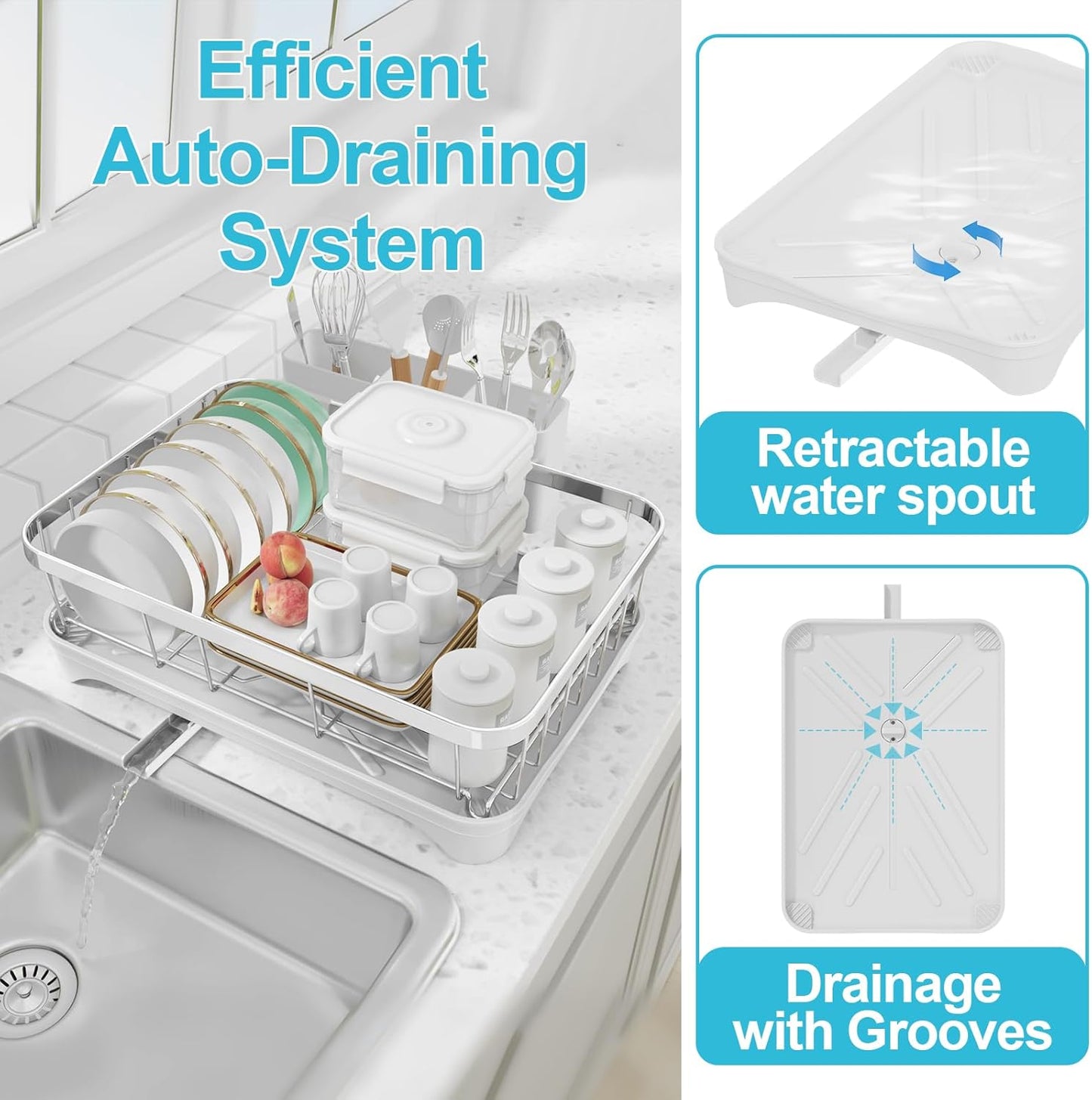 Dish Drying Rack 304 Stainless Steel Dish Racks,Adjustable Spout Auto-Draining Dish Drainers for Kitchen Counter, Large Capacity Dish Rack for Bowls, Cups, White