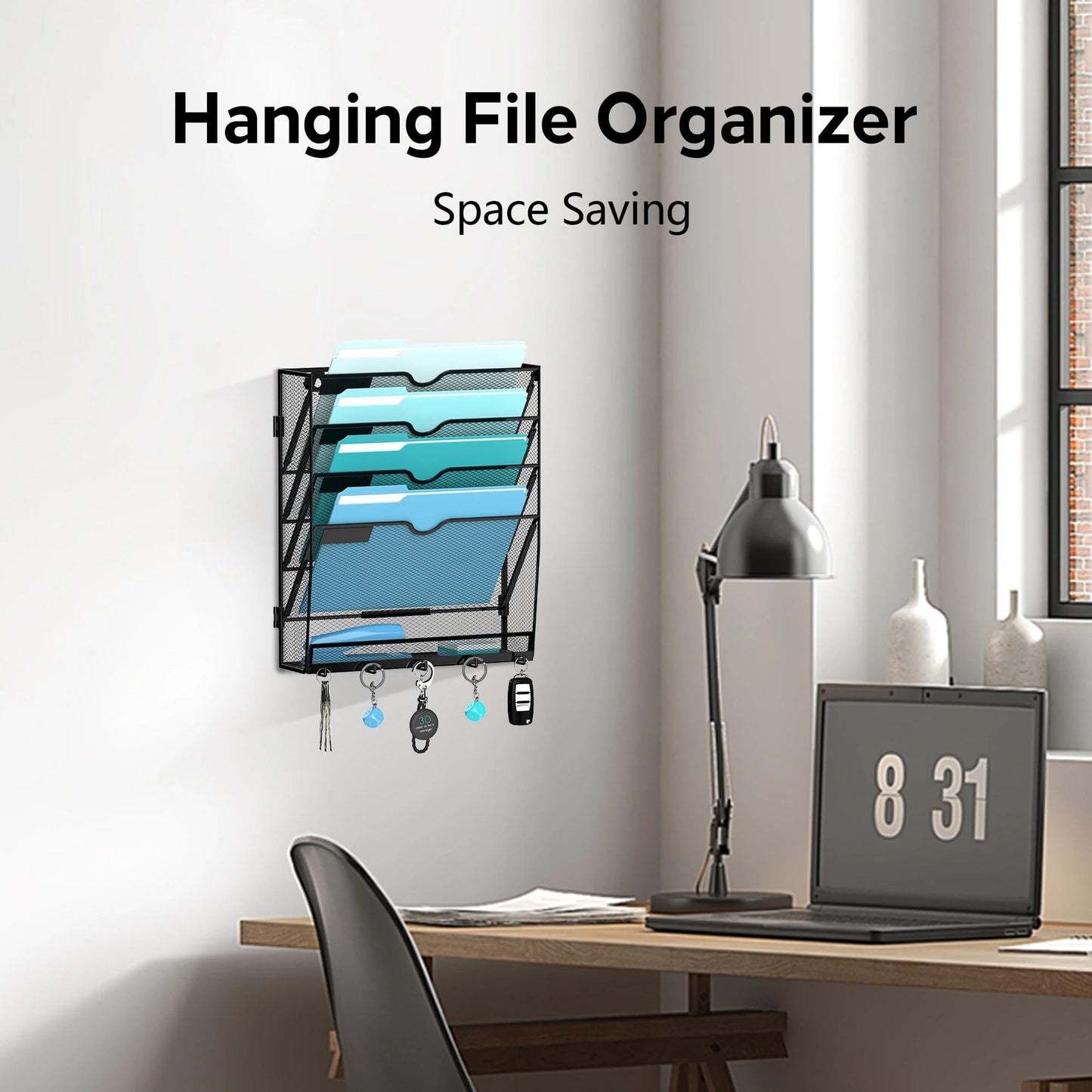 JMHUD 5-Tier Wall File Organizer and Mail Organizer with 5 Hooks, Black