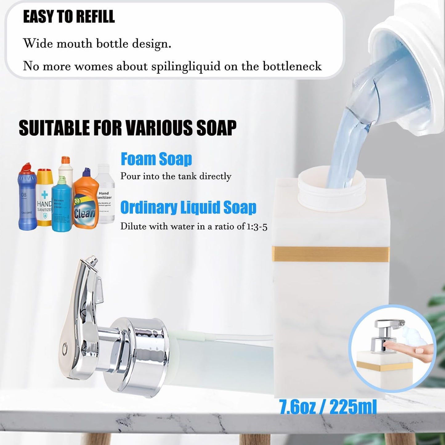 Automatic Foam Soap Dispenser, Touchless Bathroom Kitchen Dish Soap Dispenser with Adjustable Sensor, 7.6oz/225ml USB Rechargeable, Durable Design for Home Commercial Use (White & Gold)