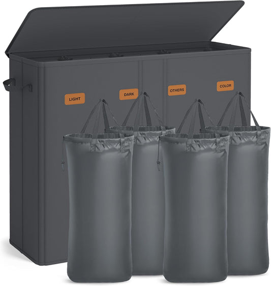 SONGMICS 55.4 Gallon (210 L) Laundry Hamper, 4-Compartment Laundry Basket Sorter with Lid, Labels, Removable Liner Bags, for Bedroom, Dark Gray URLH014G01
