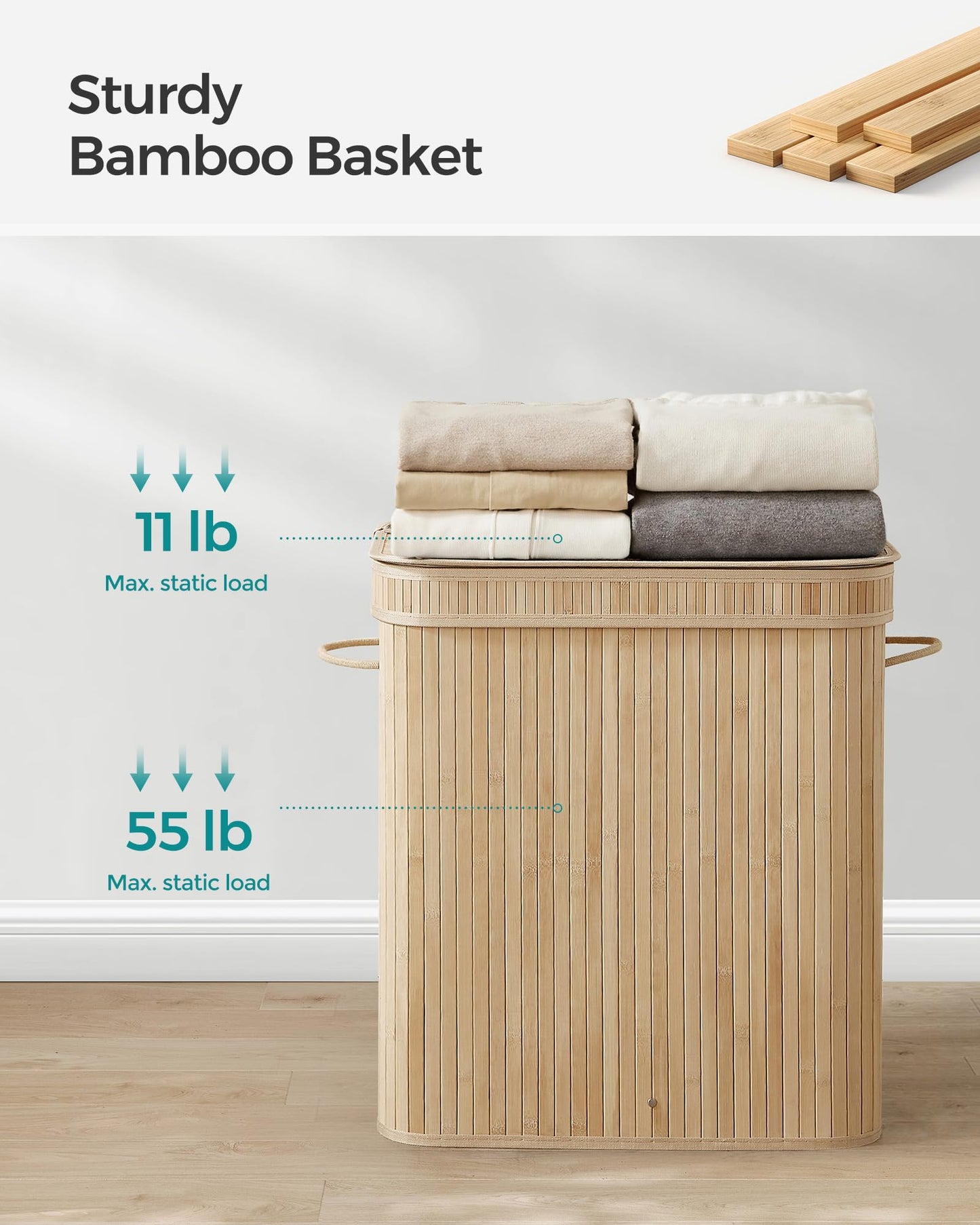 SONGMICS Bamboo Laundry Hamper with Lid, 26.4-Gallons, with Handles