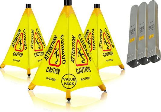 Alpine Caution Wet Floor Sign 3 Pack - Pop Up Slippery When Wet Sign, Wall Mounted Foldable