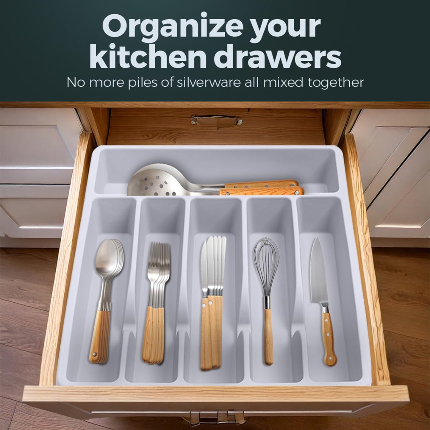 Silicone Silverware Drawer Organizer – Non-Slip Utensil Holder for Kitchen Drawers | Cutlery Tray for Forks, Knives, Spoons & More | Durable, BPA-Free, Easy to Clean – White