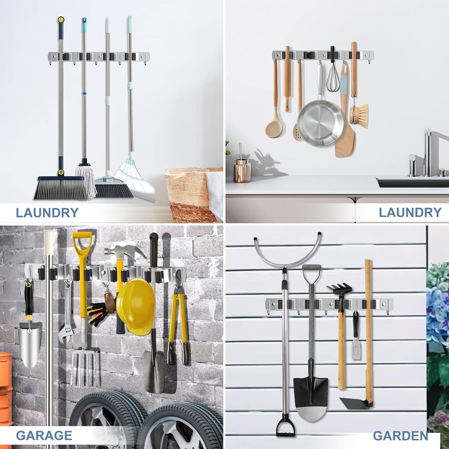 nacena Broom holder Wall Mount, 2-Pack Silver Stainless Steel Self-Adhesive Mop and Broom Hooks Heavy Duty Broom and Mop Storage Rack laundry room organization for Kitchen Garden garage