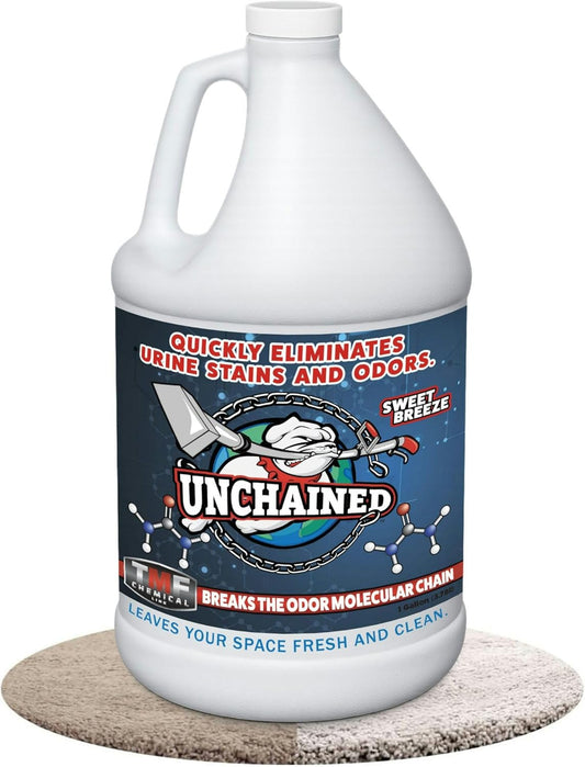 Unchained Urine Stain & Odor Remover Liquid Concentrate - Oxygen Based Odor Control Formula, Pet Smell Eliminator, Ideal for Carpets, Concrete, or Furniture, Sweet Breeze, 1 Gallon