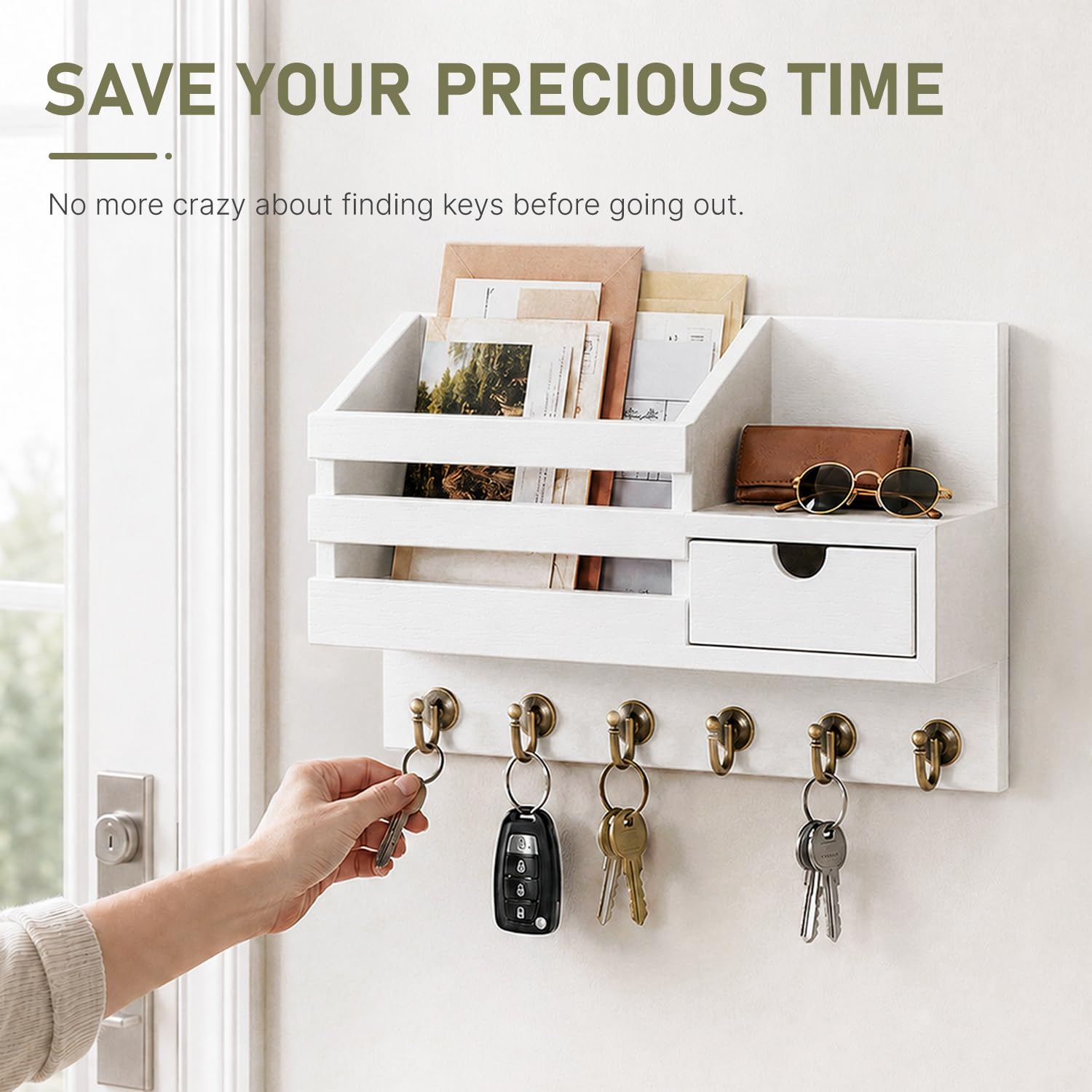 FifthQuarter Key and Mail Holder Wall Mount with Drawer and 6 Sturdy Hooks