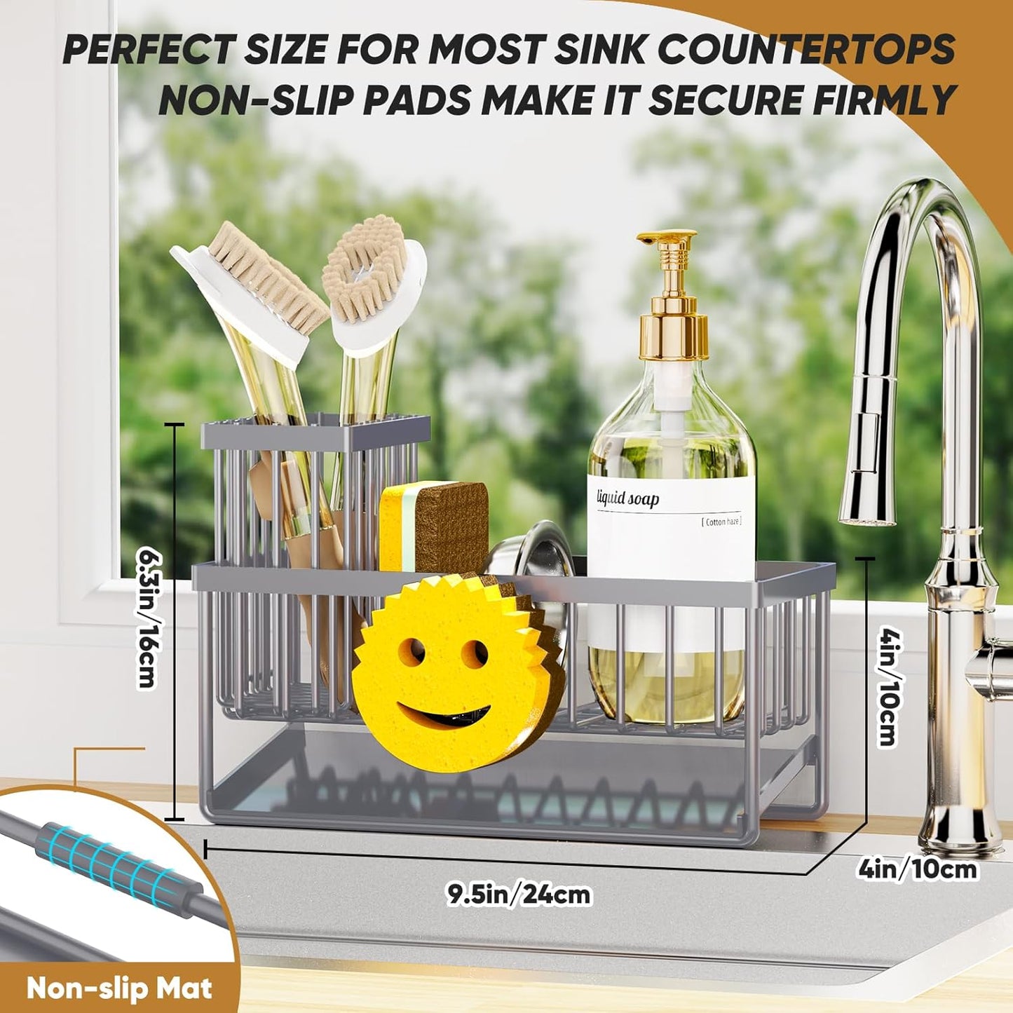 Sponge Holder for Kitchen Sink,Smiley Face Sink Caddy with Removable Brush Holder,Self-Draining Sponge Caddy for Soap,Dish Brush,Scrubber,Kitchen Essentials and Gadgets-Gray