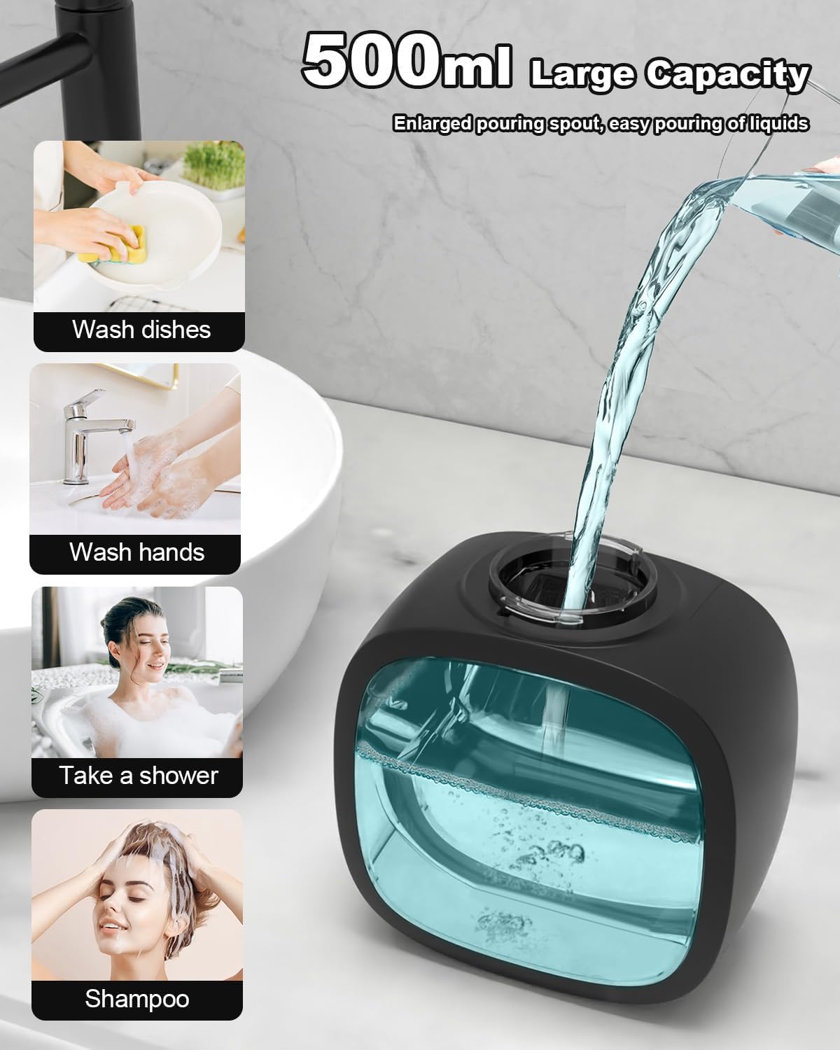 lazycozy® Automatic Soap Dispenser, Touchless Electric Soap Dispenser, 17oz, Rechargeable via USB-C, 4 Dispensing Modes, Wall Mount or Countertop, for Kitchen Sink, Bathroom, Hand, Dish, Black