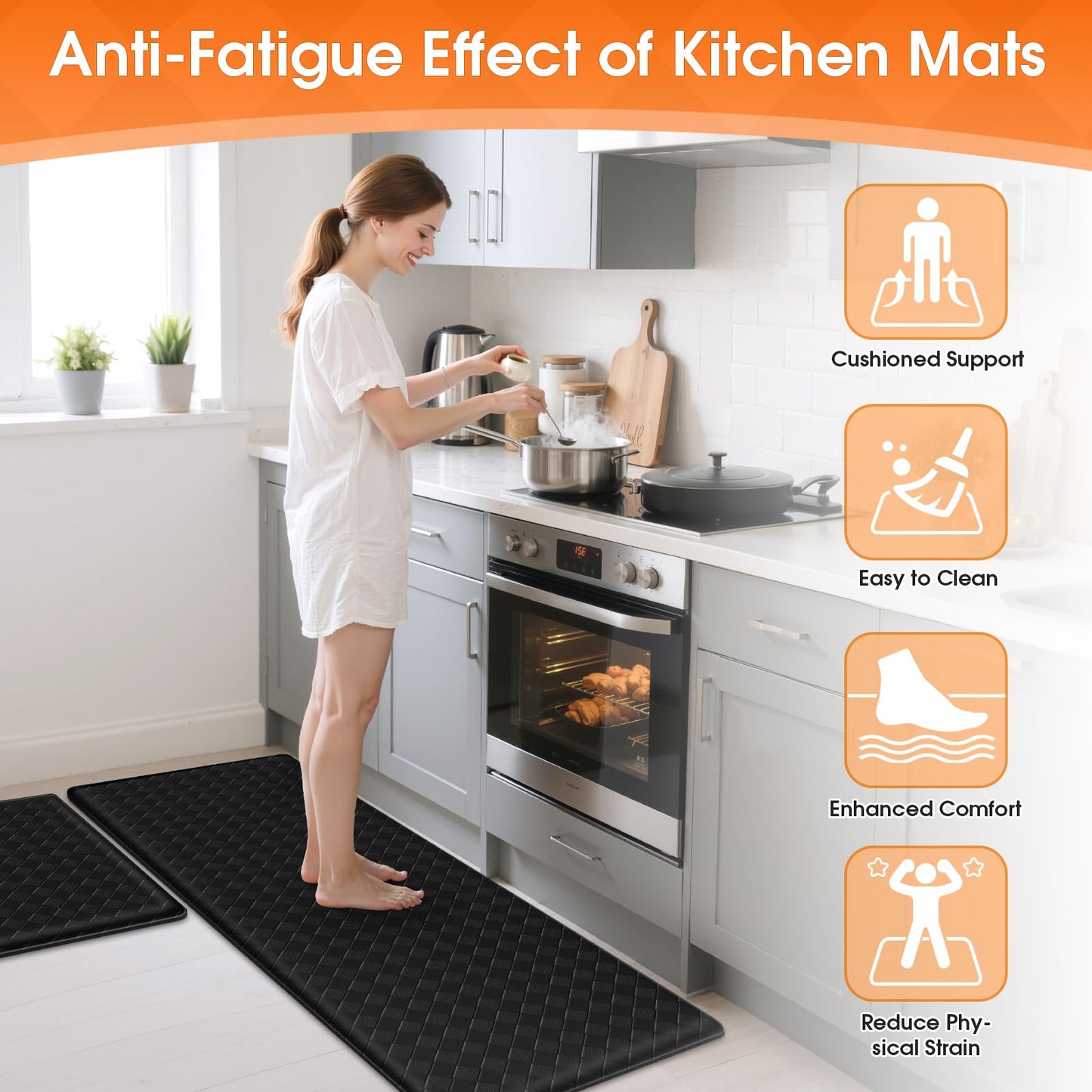 TranquilRelax 2-Piece Kitchen Mats, Cushioned Non-Slip Floor Mats, Black