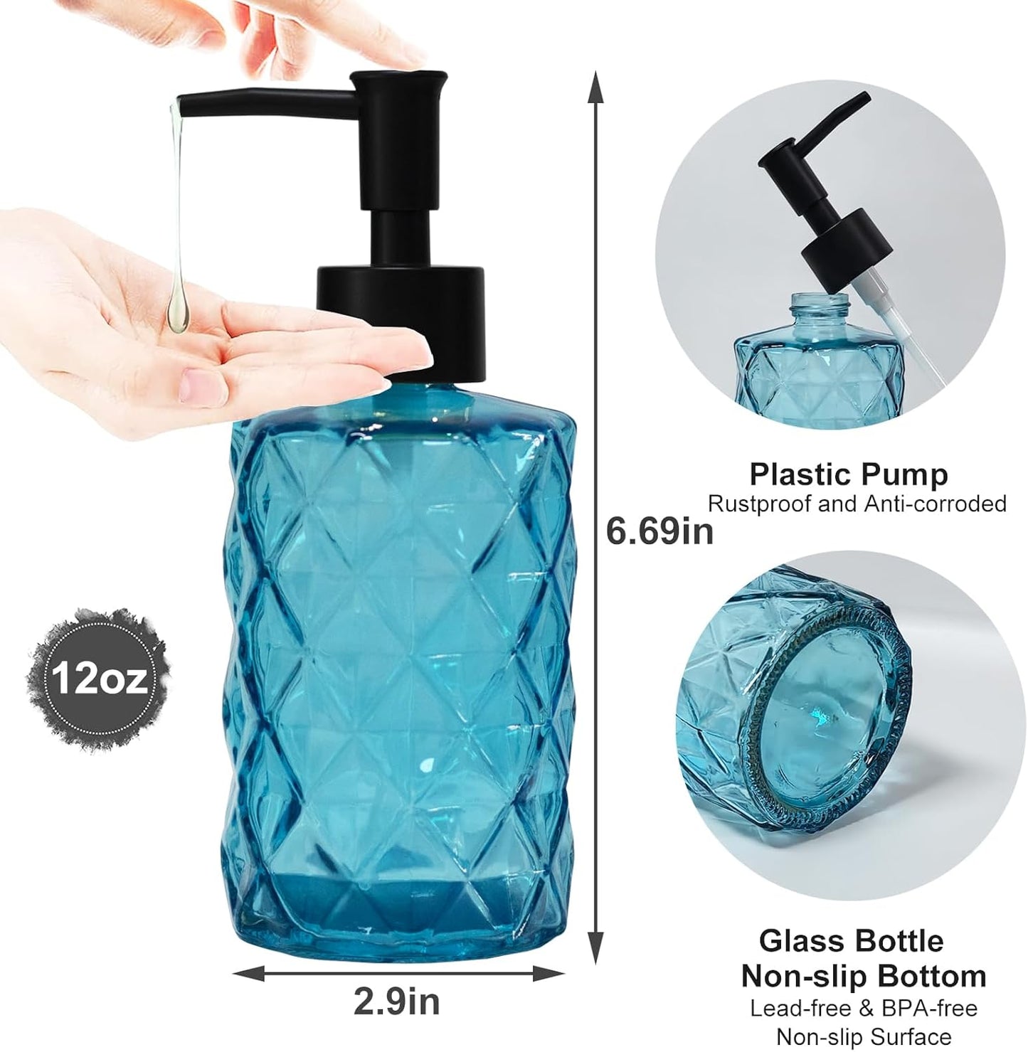 Blue Glass Soap Dispenser with Black Plastic Pump, 12oz Refillable Liquid Hand Soap Dispenser, Crystal Lotion Bottle for Modern Home Decor, Bathroom, Kitchen Countertop, Hotel