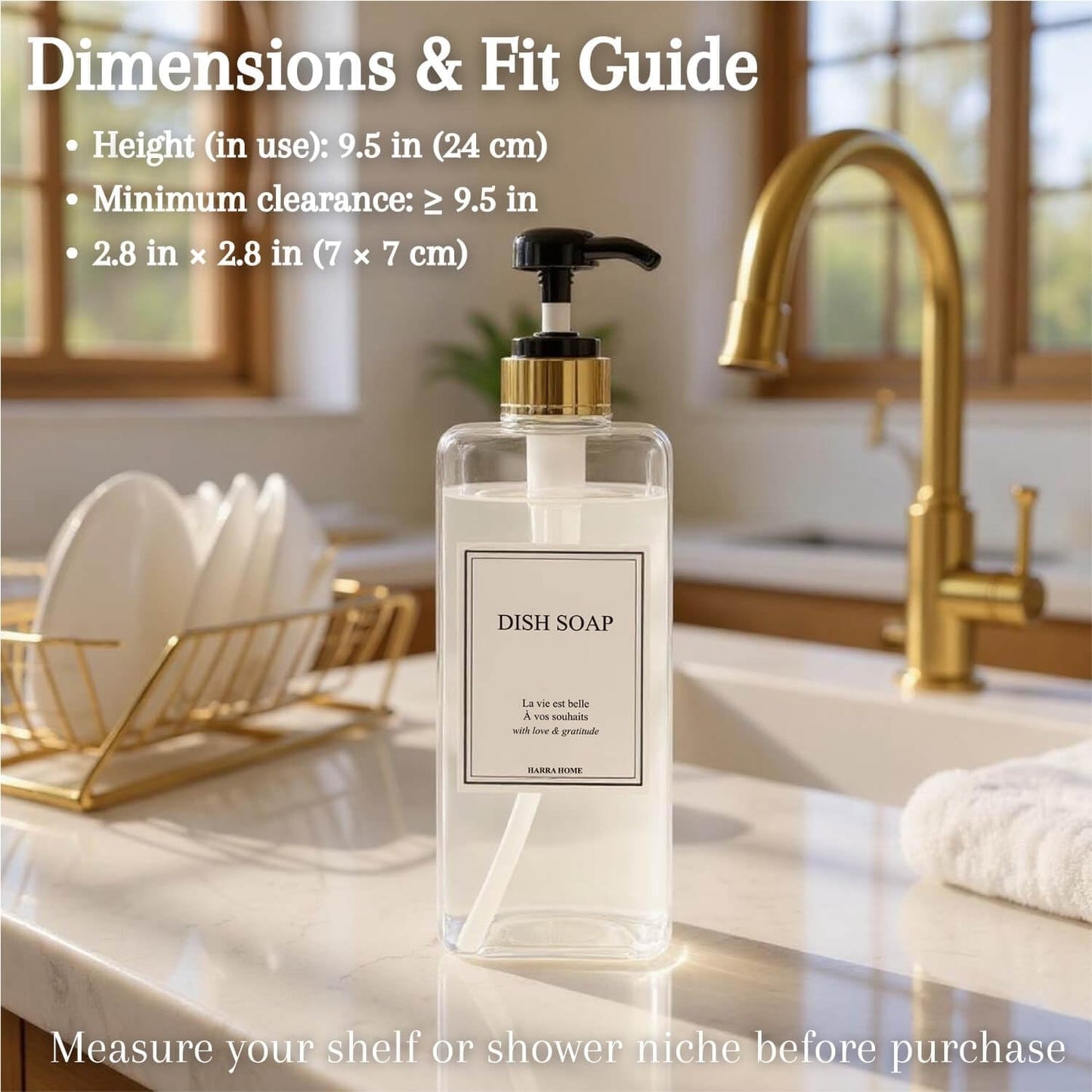 Modern Gold Design Large 27 oz Shampoo and Conditioner Dispensers - Empty Plastic Refillable Pump Bottle Set for Bathroom Shower Soap Dispenser, Set of 3 (Clear & Black)