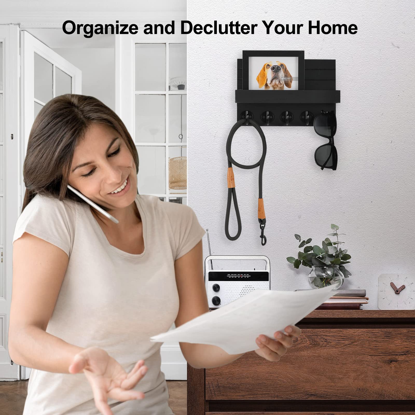 Lwenki Key Holder for Wall, Decorative Key and Mail Holder with Shelf Has Large Hooks for Bags
