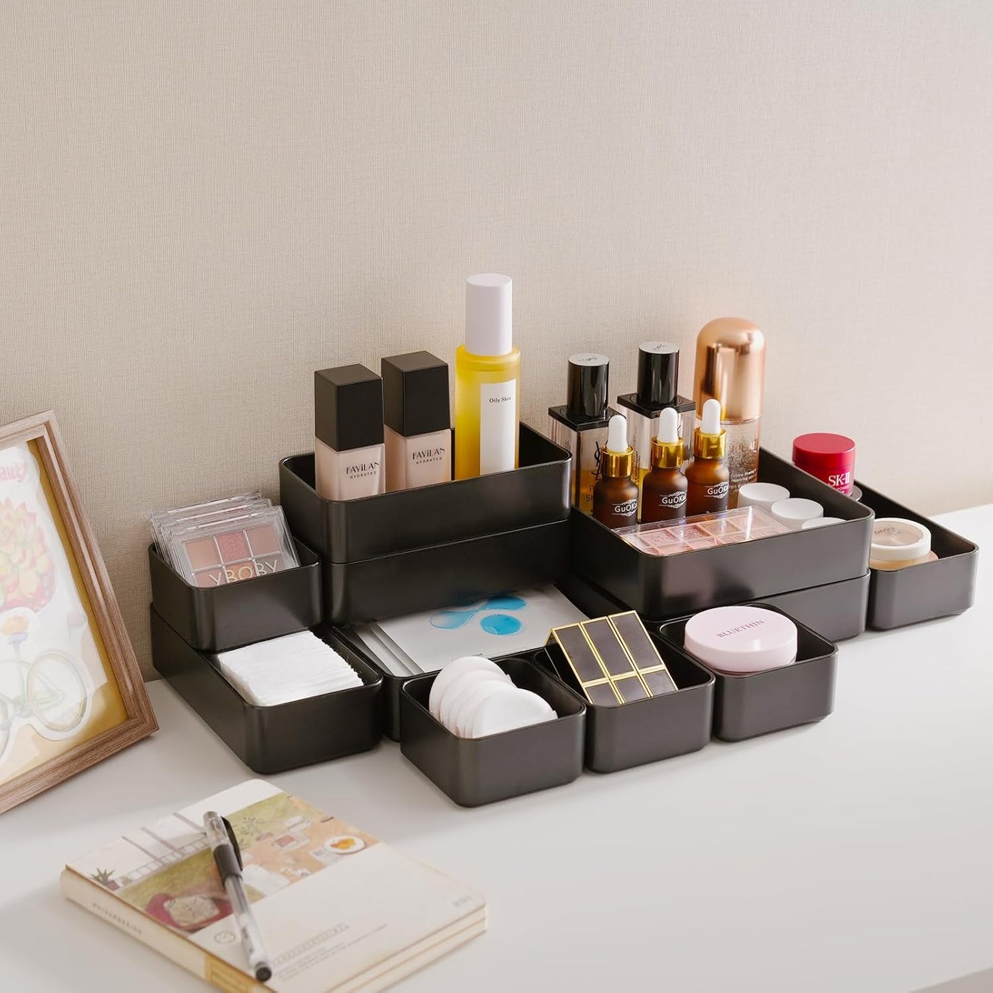 11-Piece Stackable Drawer Organizer Set, Multi-size Desk Drawer Organizer Trays Vanity Storage Bins for Storing Makeup, Stationery, Utensils in Bathroom Dresser, Office and Kitchen