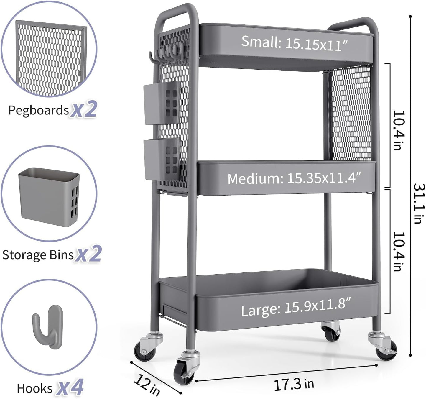 TOOLF 3 Tier Rolling Cart Storage Organizer, Metal Rolling Utility Cart with Wheels, Hooks & Bins Esthetician Craft Art Sturdy Storage with Pegboard for Bathroom, Kitchen, Office, Nursery Diaper