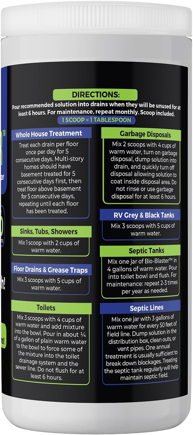 Enzyme Drain and Septic Cleaner and Friendly Bacteria Booster. Extra Large 2 lb. Deodorizes and Unclogs Pipes - Septic Tanks - RV Tanks-and More. No Caustic Chemicals! Dissolves Fats, Oil, and Grease.