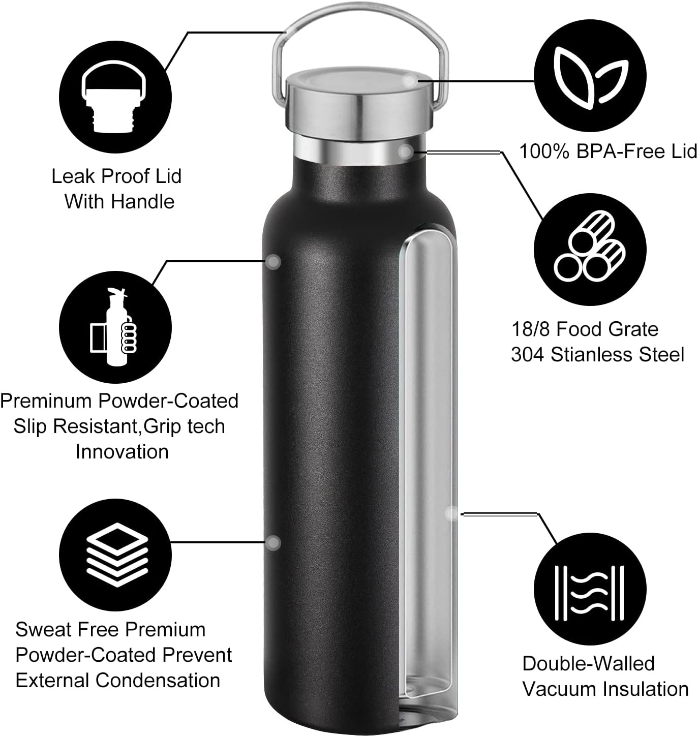 Neihepal Black Stainless Steel Water Bottles,20 Ounce Vacuum Insulated Double Wall Travel Bottle with Leak Proof Lid of Handle,Metal Reusable Standard Mouth Flask Thermoses for School,Hikers,Gift