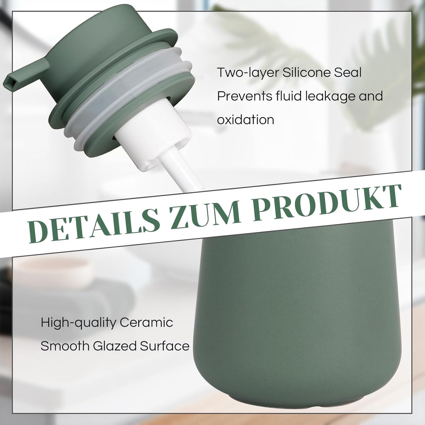 INGOFIN Ceramic Foaming Soap Dispenser - 12oz Foam Hand Soap Dispenser Bathroom, Modern Dish Soap Bottle with Pump for Kitchen, Matte Green